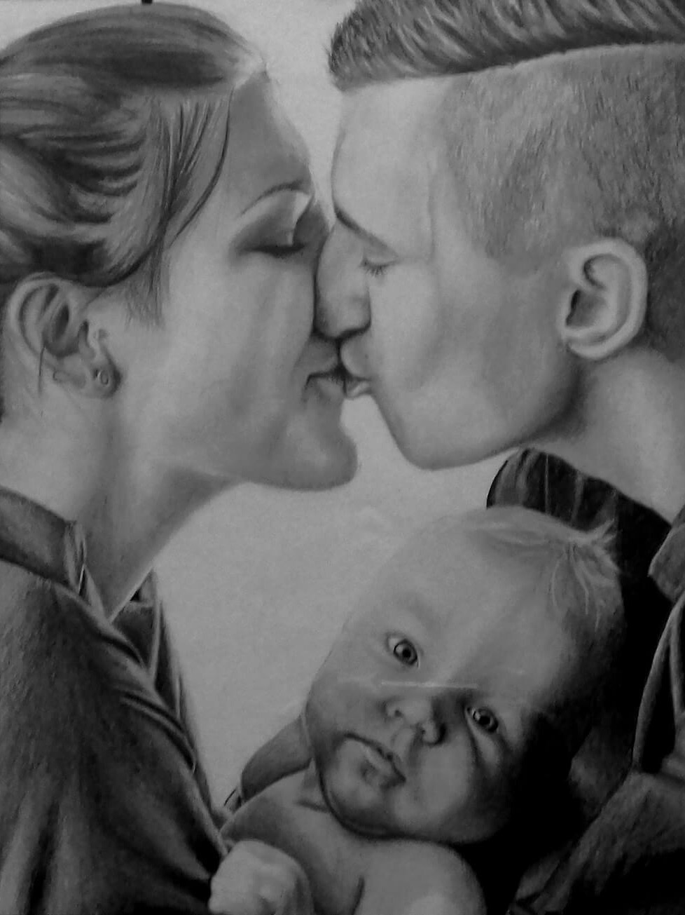 a drawing of a man and woman kissing while holding a baby